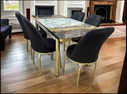 Dining Table Set – 6 Seater with Gold Accents