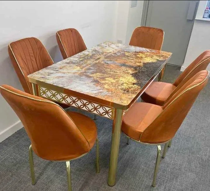 Dining Table Set – 6 Seater with Gold Base & Tan Velvet Chairs