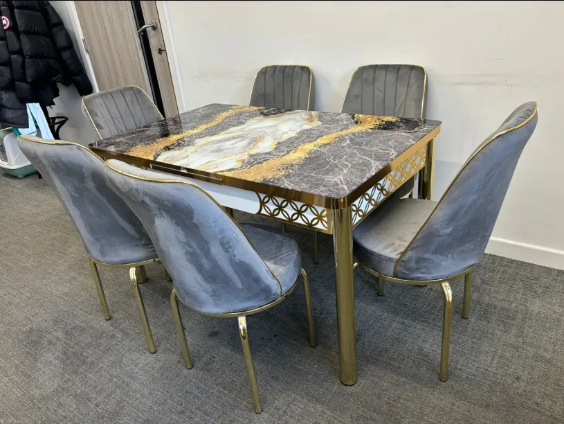 Luxury Dining Table Set with Gold Frame & Grey Velvet Chairs (6 Seater)