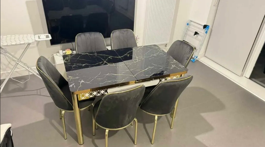 Elegant Black Dining Table Set with Gold Frame & Velvet Chairs (6 Seater)
