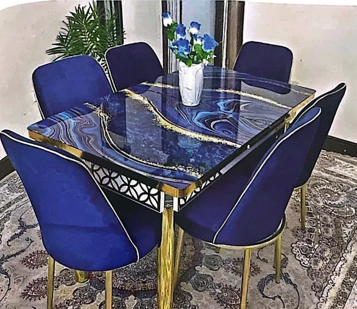 Premium Blue Pattern Glass Dining Table with 6 Velvet Chairs