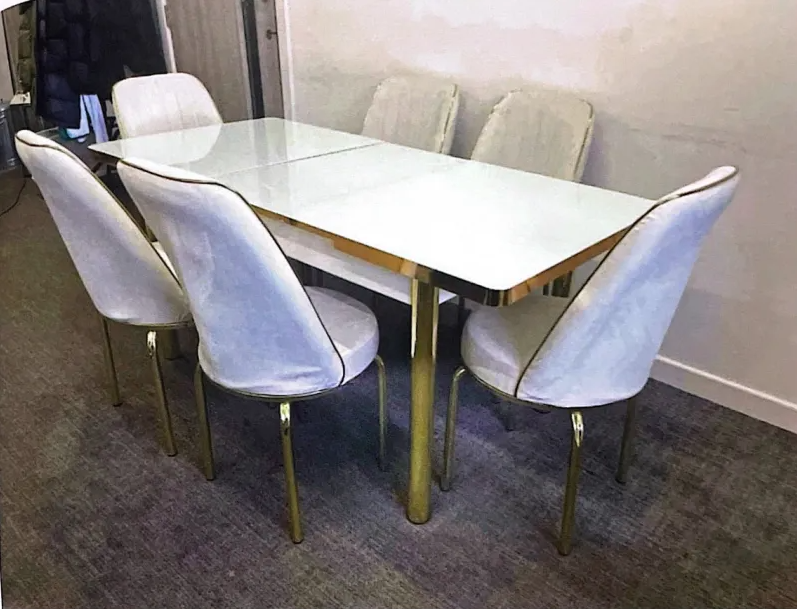 Contemporary Glass Top Dining Table & 6 Velvet Gold-Leg Chairs