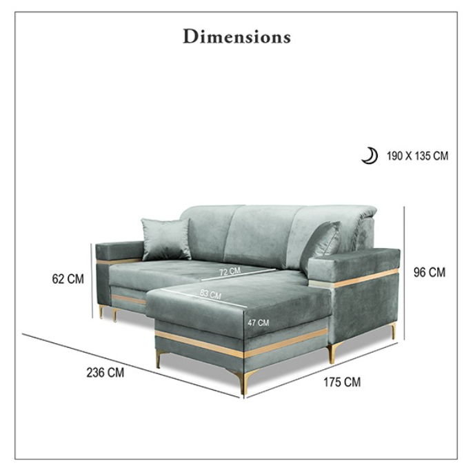 FLORENCE GREY GOLD CORNER SOFA BED