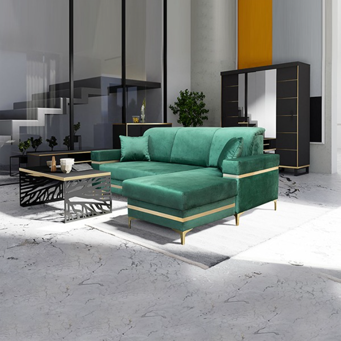 FLORENCE GREEN GOLD CORNER SOFA BED